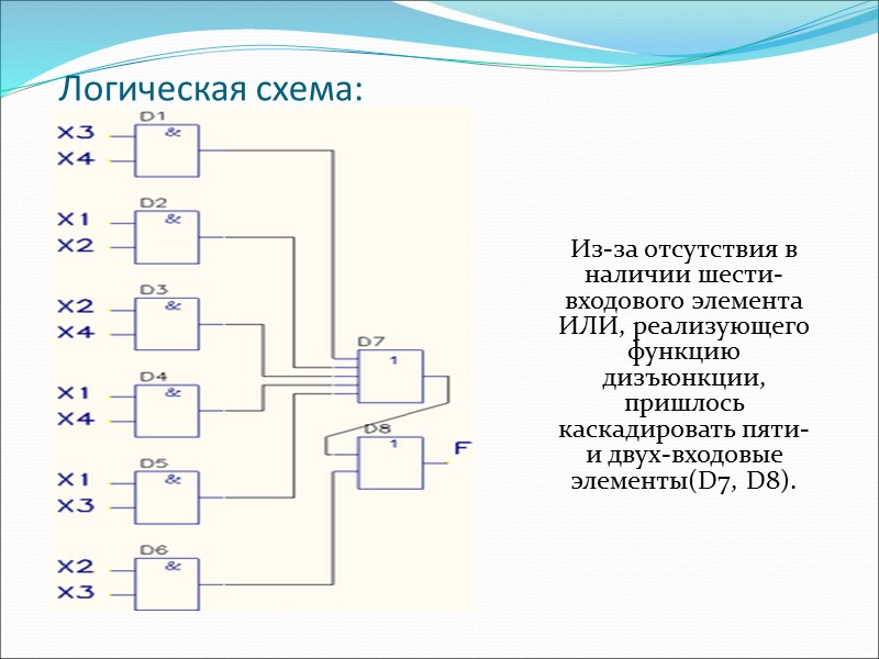 Логическая схема: Из-за отсутствия в наличии шести-входового элемента ИЛИ, реализующего функцию дизъюнкции, пришлось каскадировать